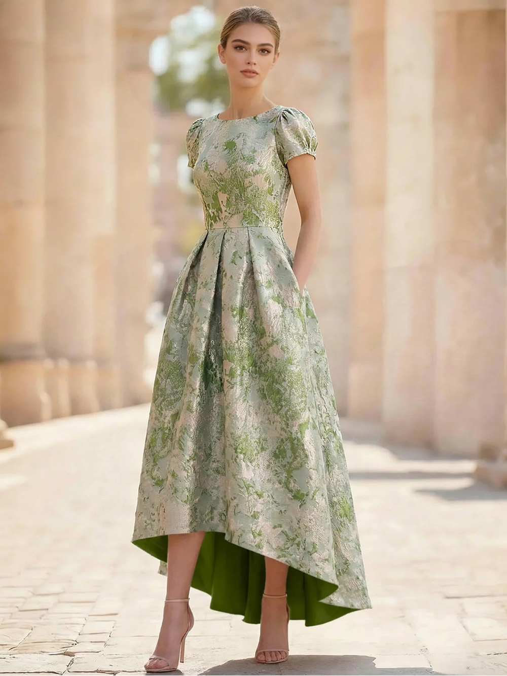 Elegant Green and Cream Floral High-Low Dress